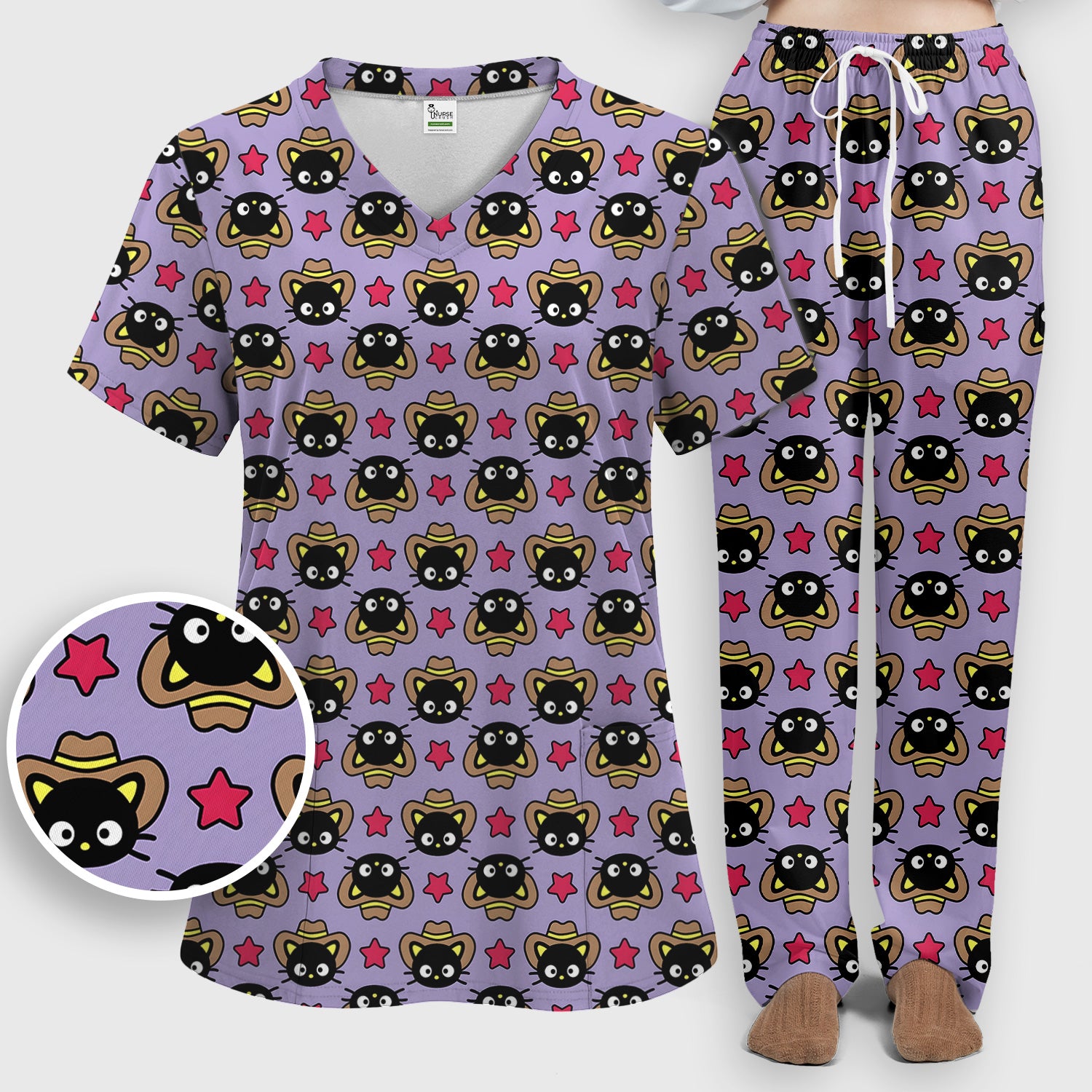 Cute Cartoon Cowboy Cat Pattern Scrub Set, Scrub Pants and V Neck Top