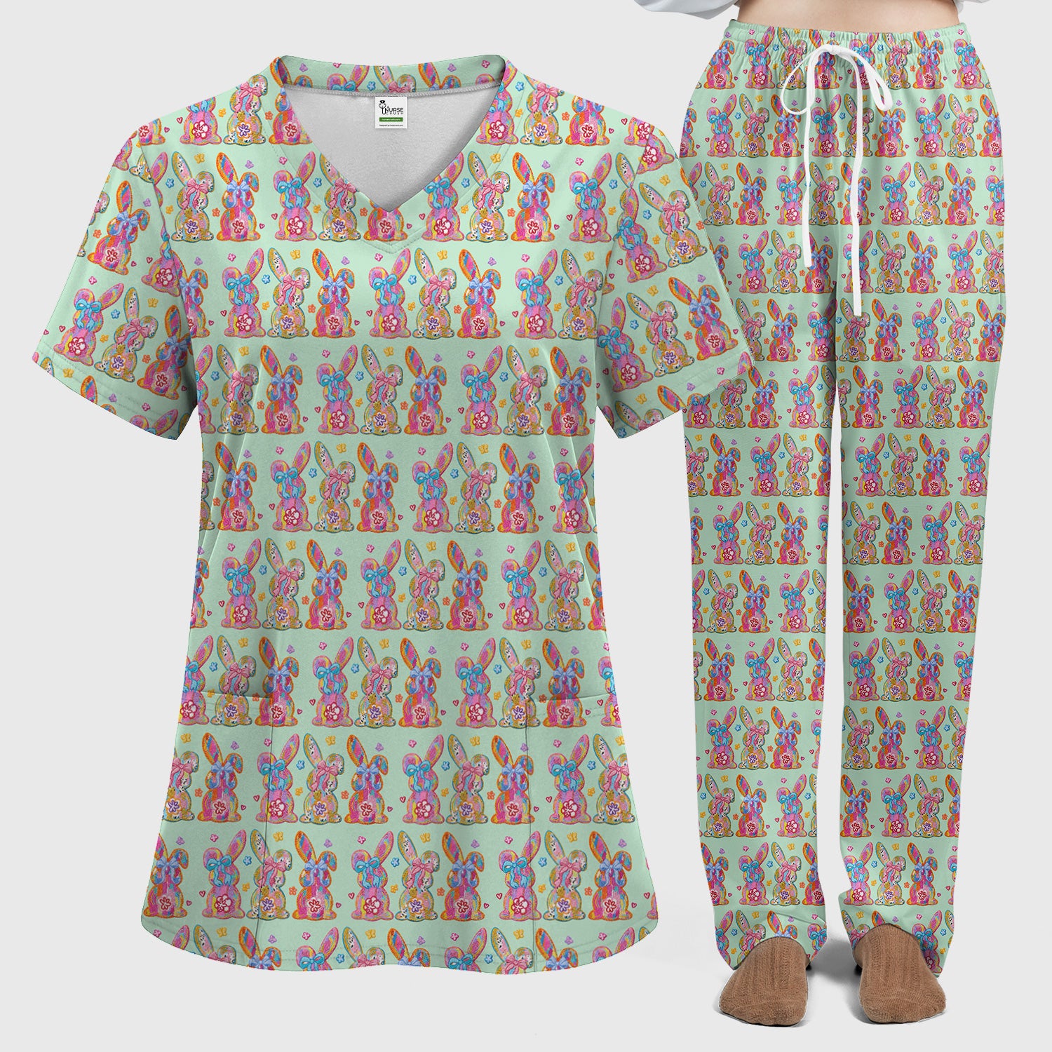 Cute Pastel Bunny Floral Pattern Scrub Set, Breathable Med Uniform