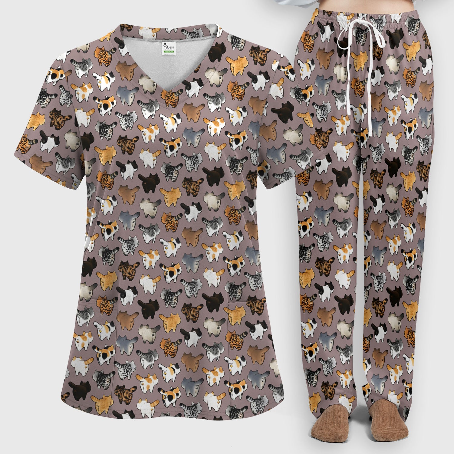 Cat Butt Pattern Medical Scrub Set, Breathable Fabrics Nursing Uniform