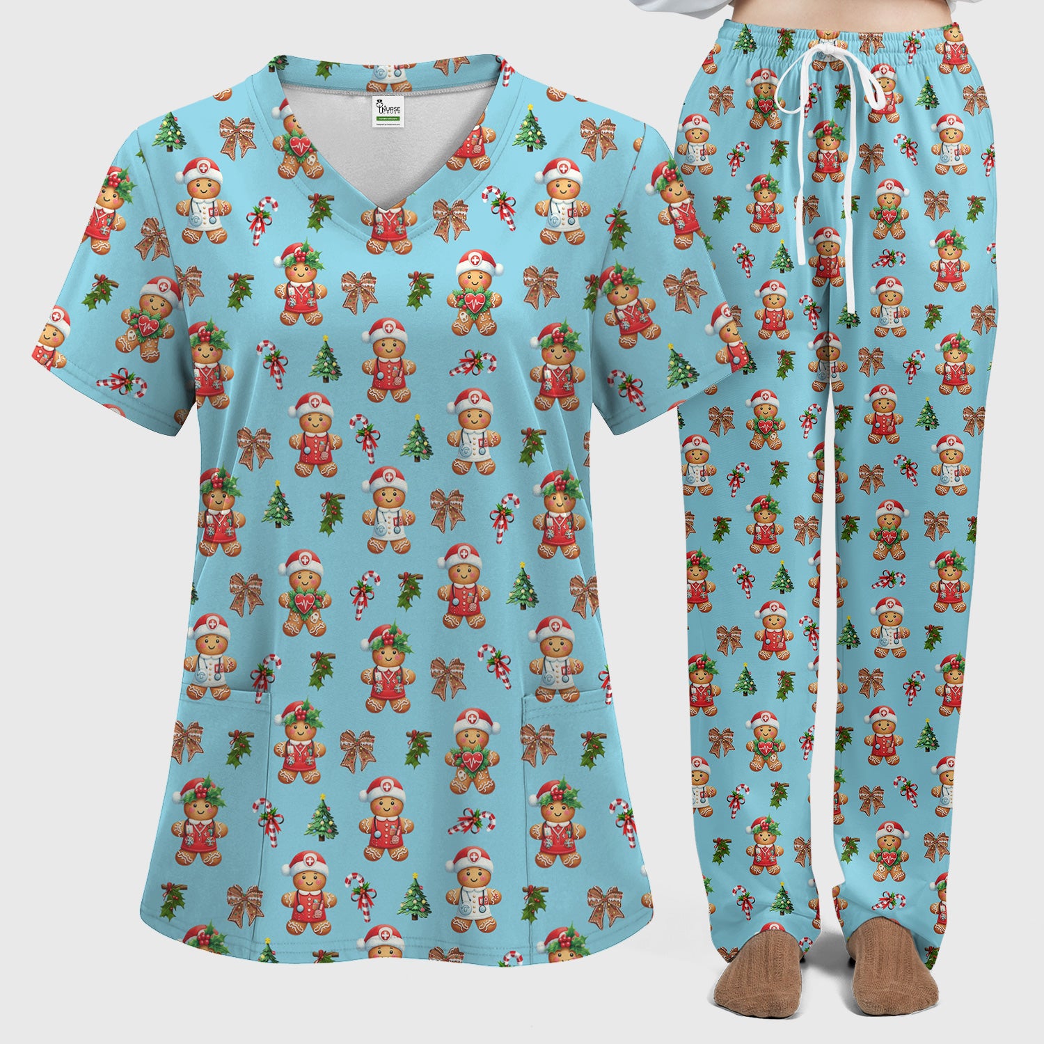 Funny Gingerbread Christmas Scrub Set - Cute Cookie with Bow Scrubs Pants and V Neck Top - Festive Holiday Gift for Women
