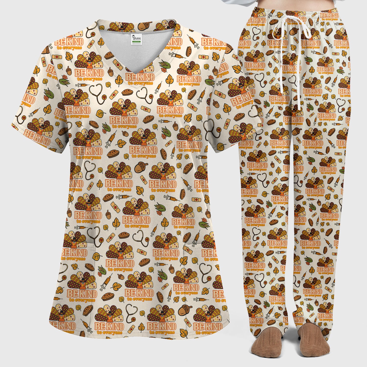 Thanksgiving Be Kind Scrub Set – Fall Nurse Shirt with Heart and Leaf Pattern – Cute Autumn Medical Uniform for Healthcare Staff