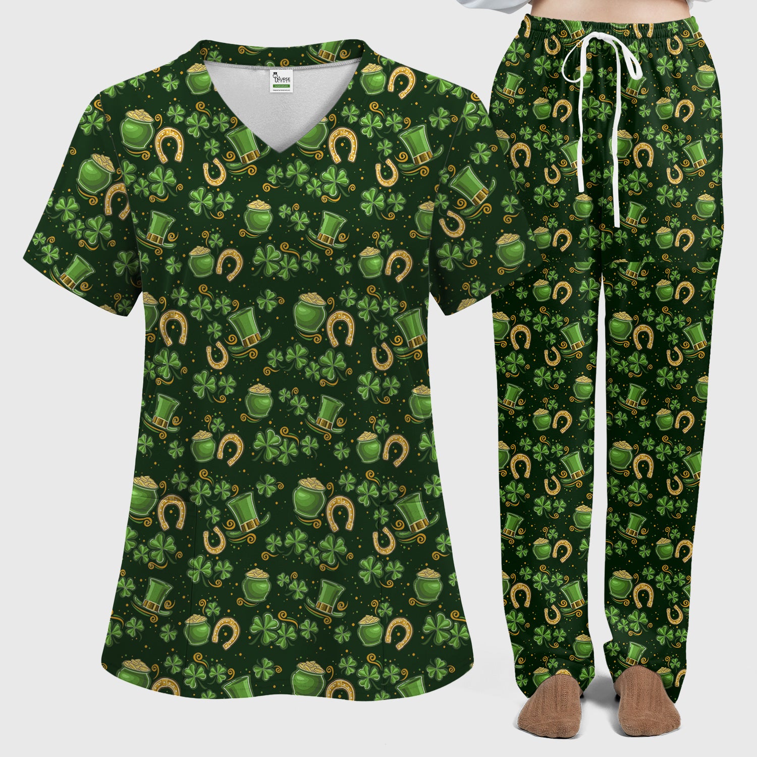 St. Patrick Shamrock Print Scrub Set, Scrub Pants and V Neck Top