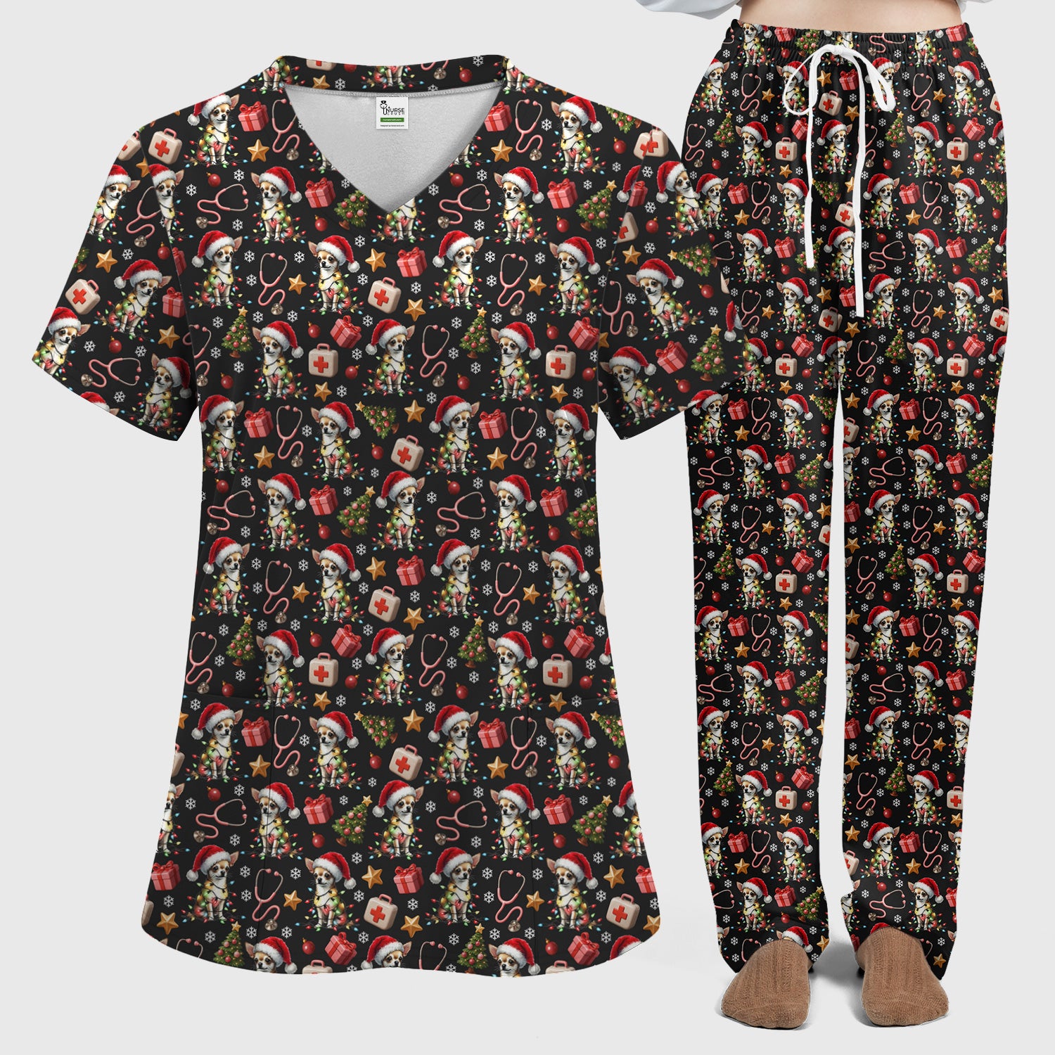 Funny Chihuahua Nurse Scrub Set, Christmas Dog Pattern Scrub With Top And Pants, Holiday Scrubs for RN, LPN, CNA, Vet Tech Gift