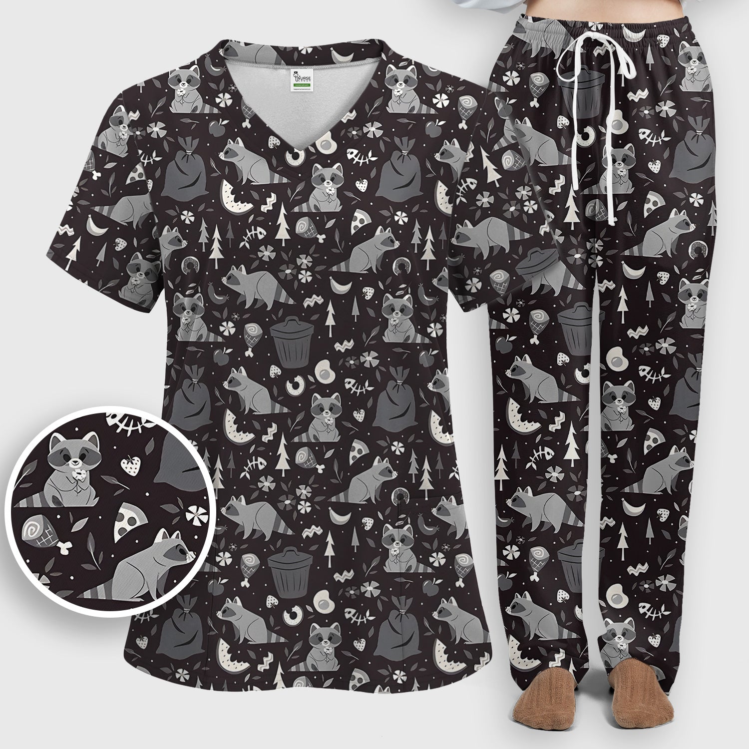Cute Raccoon Forest Food Pattern Scrub Set, Scrub Pants and V Neck Top