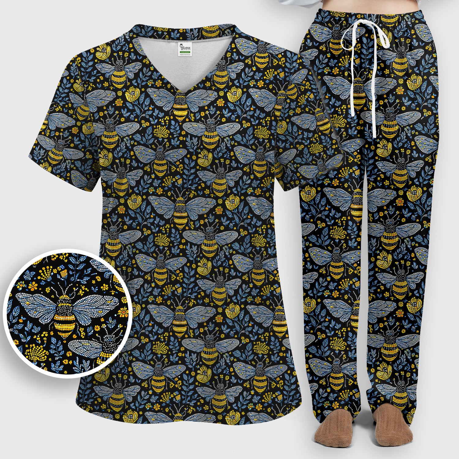 Honey Bee And Wildflower Garden Pattern Scrub Set, Scrub Pants and V Neck Top