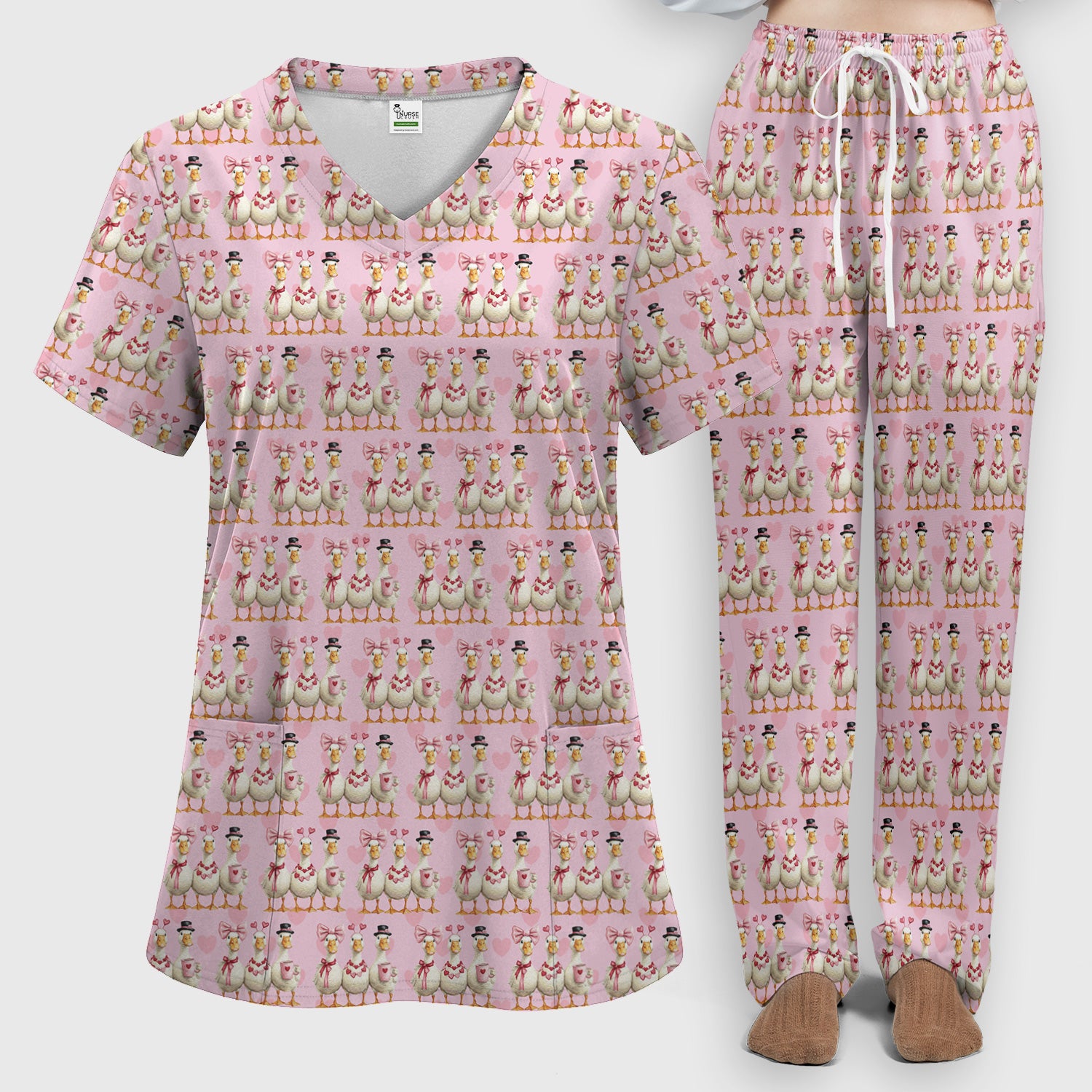 Charming Valentine Goose Heart Pink Design Scrub Set, Scrub Pants and V Neck Top