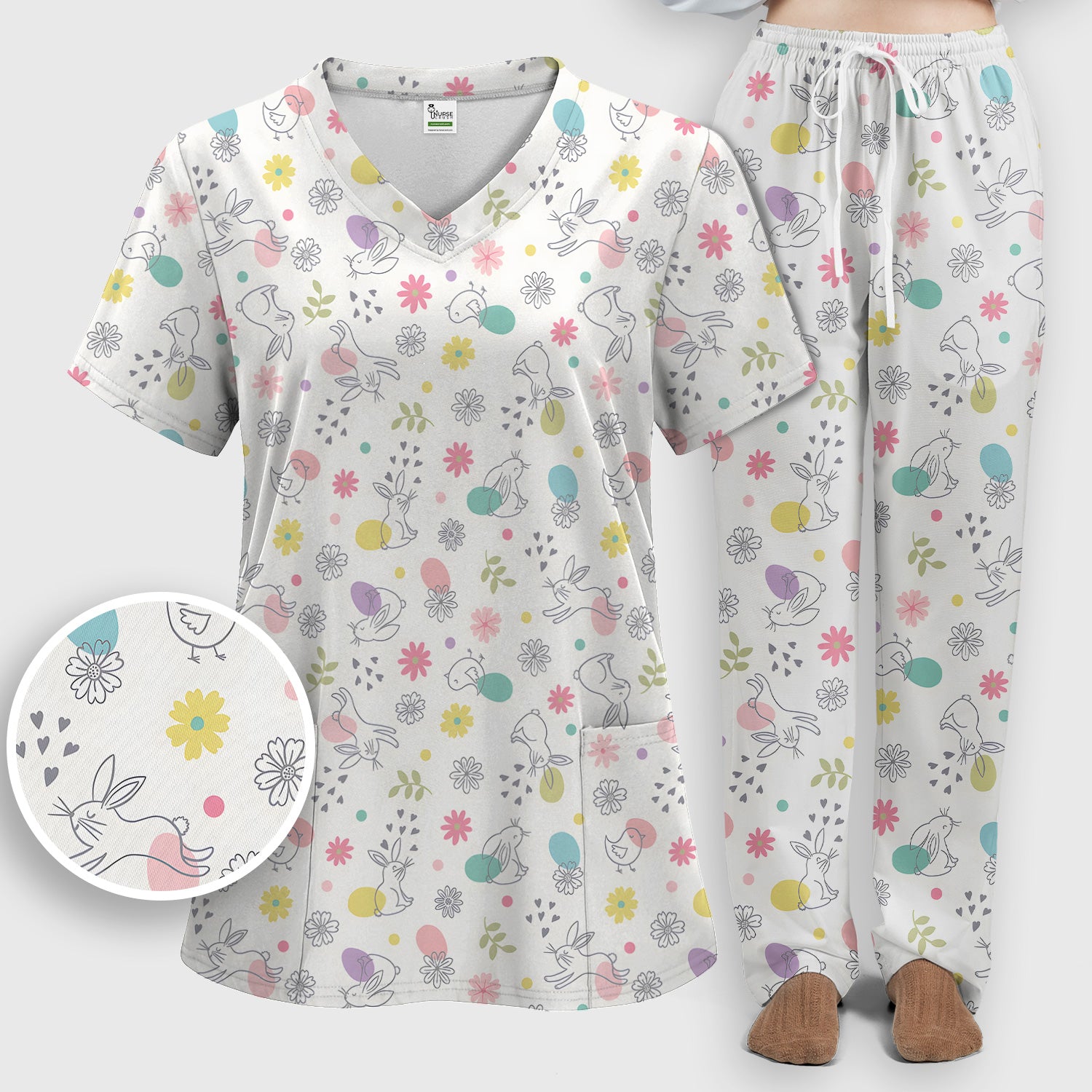 Whimsical Easter Bunny Eggs Pattern Scrub Set, Scrub Pants and V Neck Top