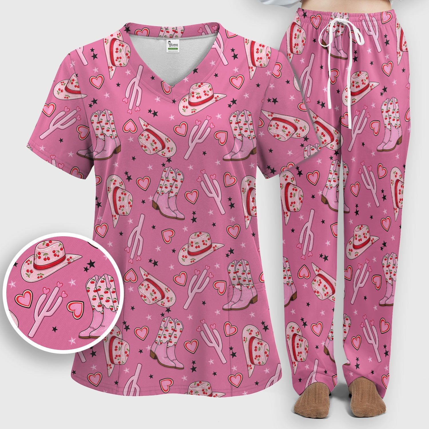 Pink Cowgirl Western Boots Hat Pattern Scrub Set, Scrub Pants and V Neck Top