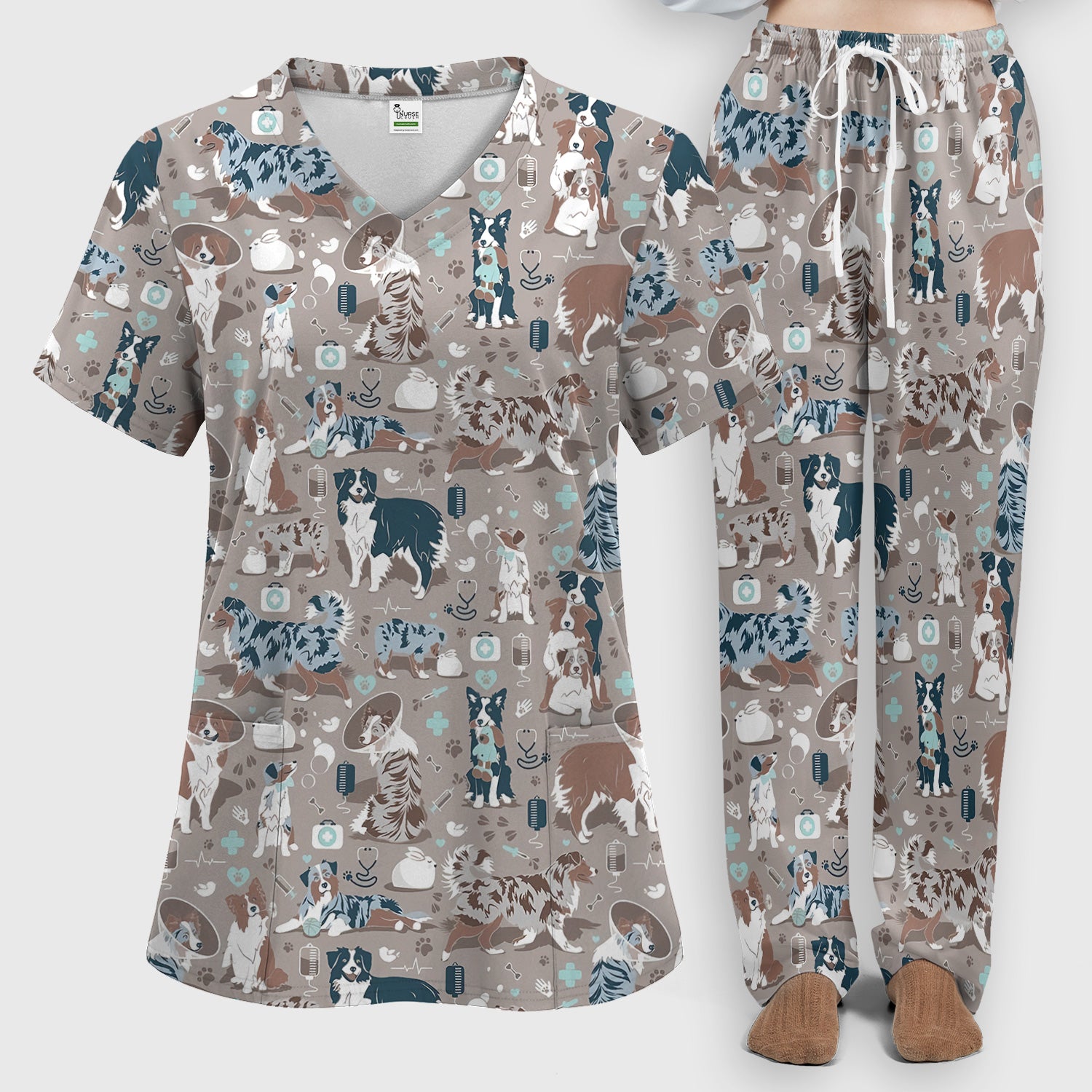 Cute Dog Pattern Women's Veterinary Scrub Set, Scrub Pants and V Neck Top