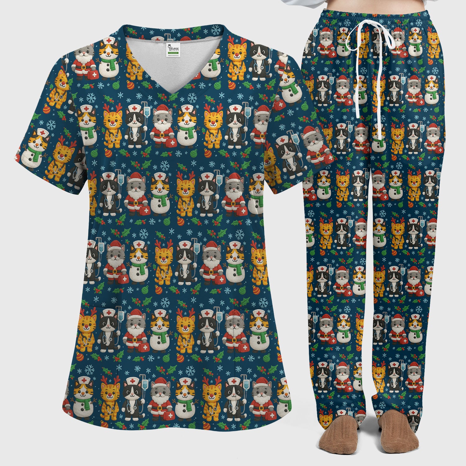Christmas Cat Nurse Pattern Scrub Set, Cute Holiday Kitty Medical Uniform Shirt For Nursing