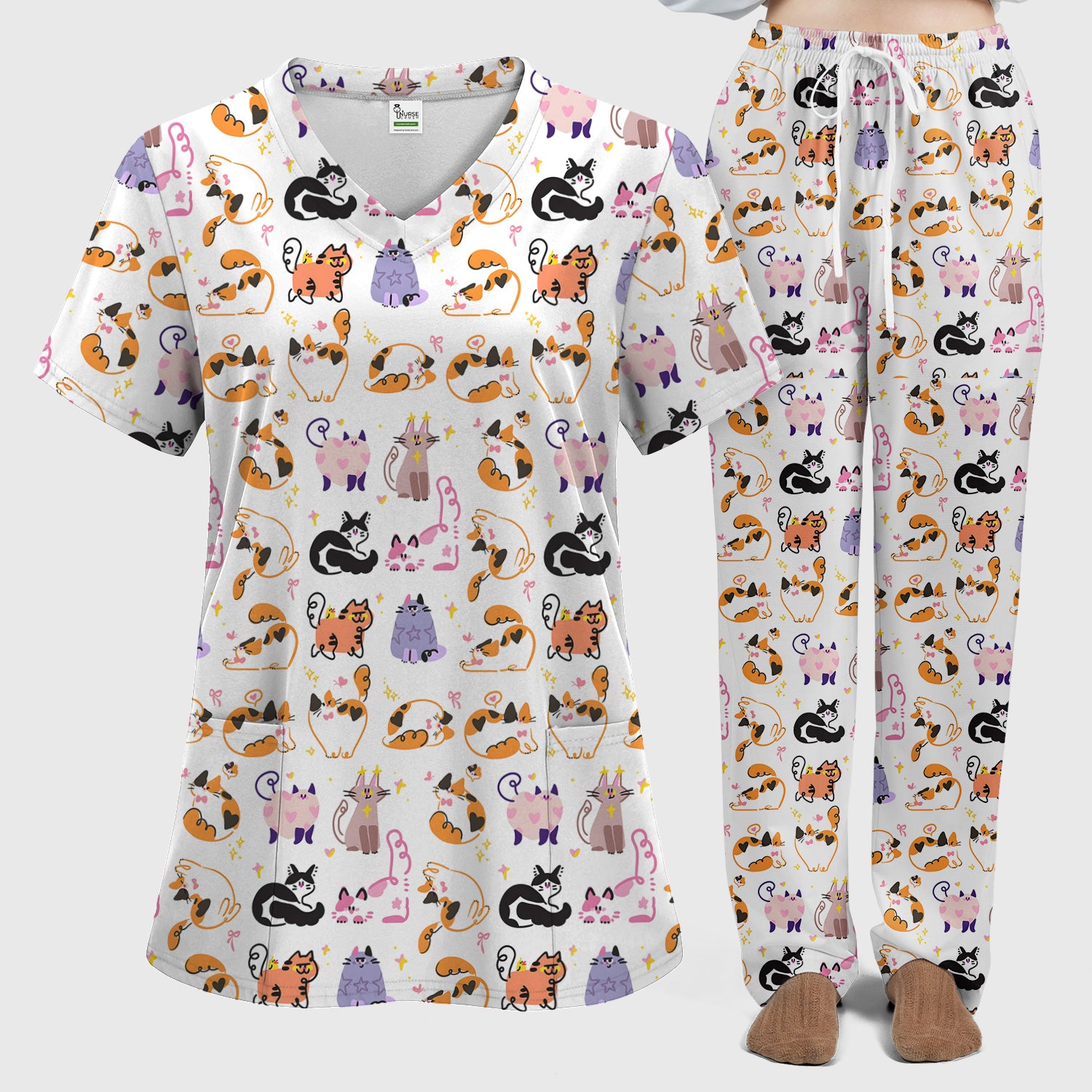 Funny Cat Pattern Scrub Set, Cute Cats Nursing Uniform For Women