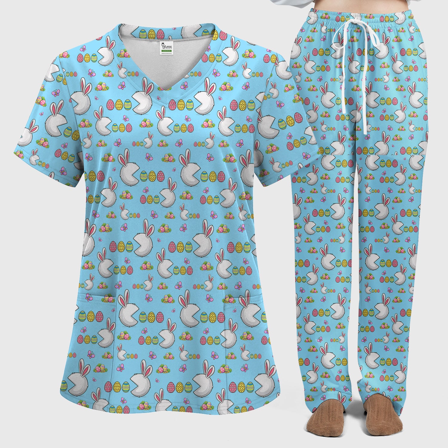Easter Bunny and Colorful Eggs Print Scrub Set, Breathable Med Uniform