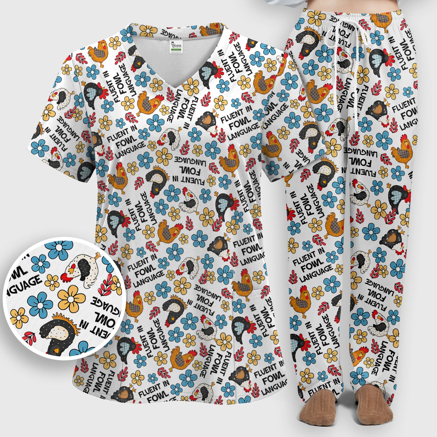 Funny Chicken Fluent in Fowl Language Pattern Scrub Set, Scrub Pants and V Neck Top