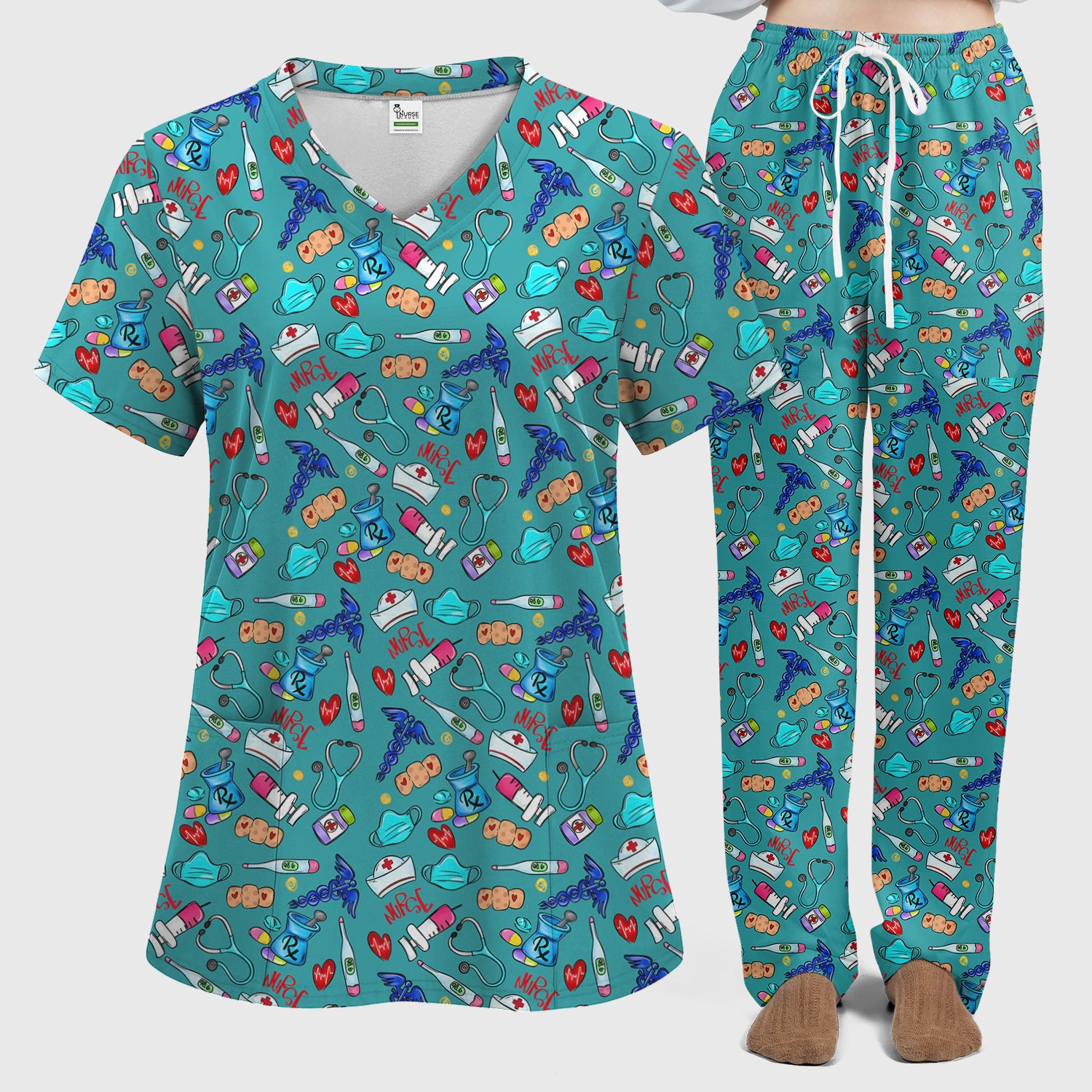 Nurse Medical Icons Stethoscope Heart Pattern Scrub Set, Scrub Pants and V Neck Top