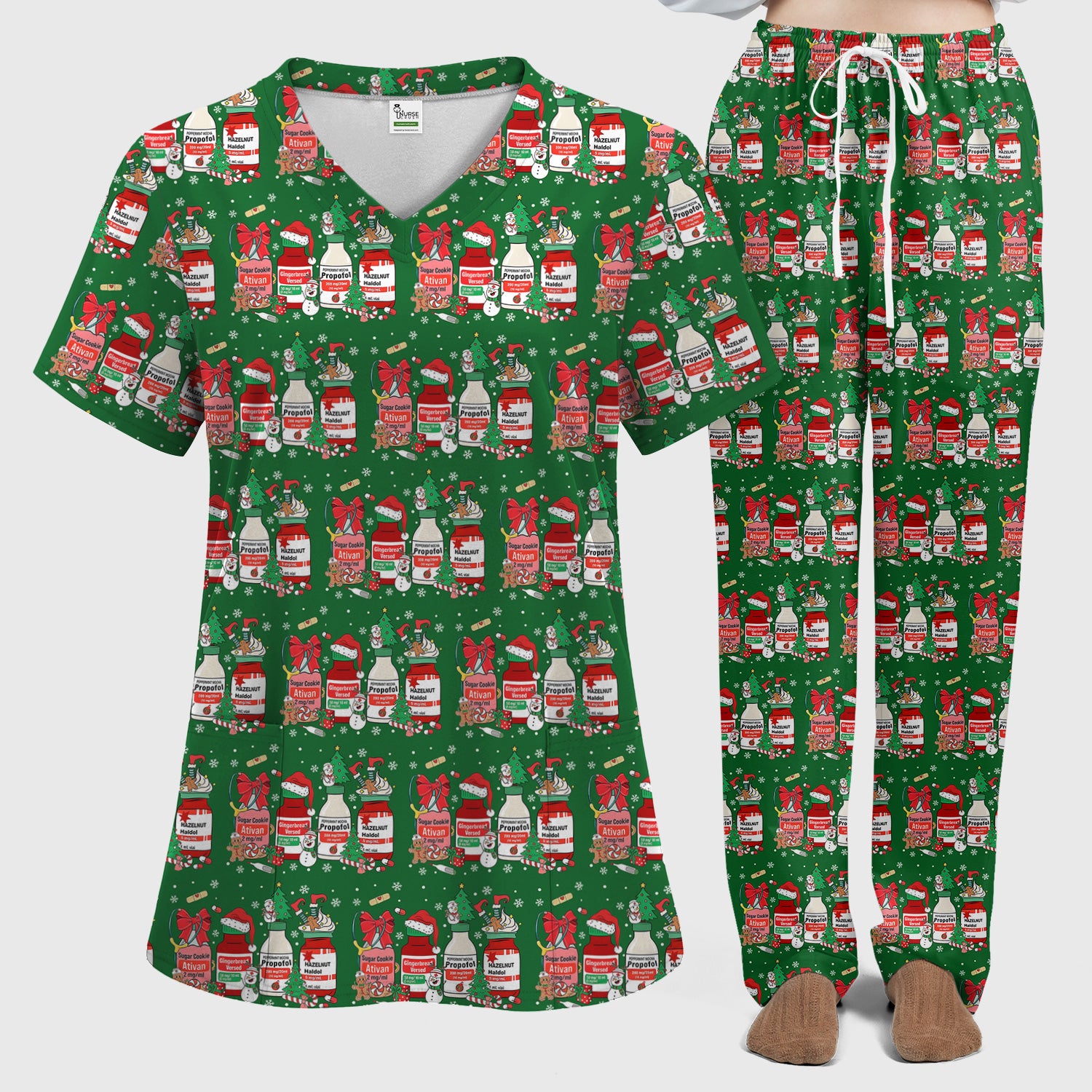 Funny Christmas Medication Scrub Set – Festive Holiday Pharma Bottles Pattern – Playful Medical Uniform for Nurses, Pharmacists & Healthcare Workers