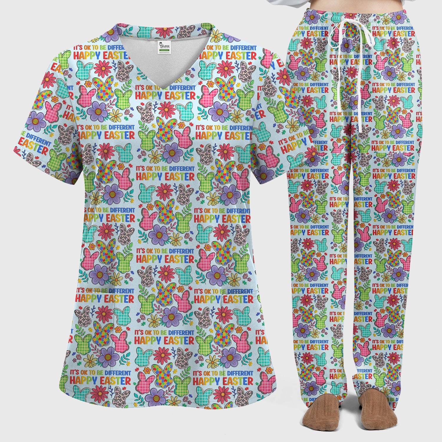 Happy Easter Bunny Floral Print Scrub Set, Breathable Med Uniform