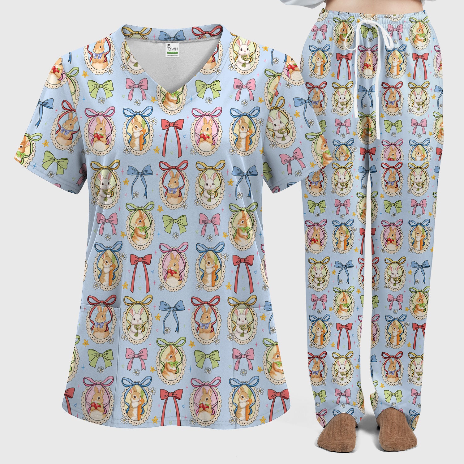 Cute Easter Bunny Cameo Colorful Bow Pattern Scrub Set, Breathable Med Uniform