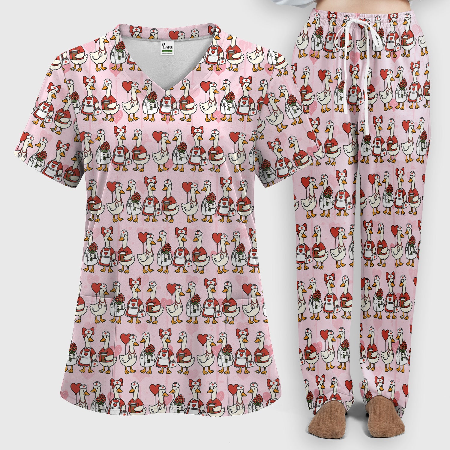 Valentine Nurse Goose with Heart Pattern Scrub Set, Scrub Pants and V Neck Top