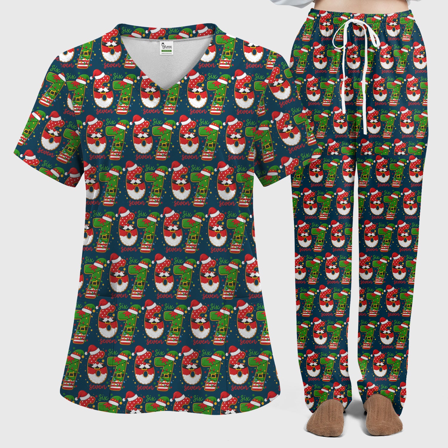 Christmas 67 Pattern Scrub Top, Festive Holiday Medical Uniform Shirt For Nursing