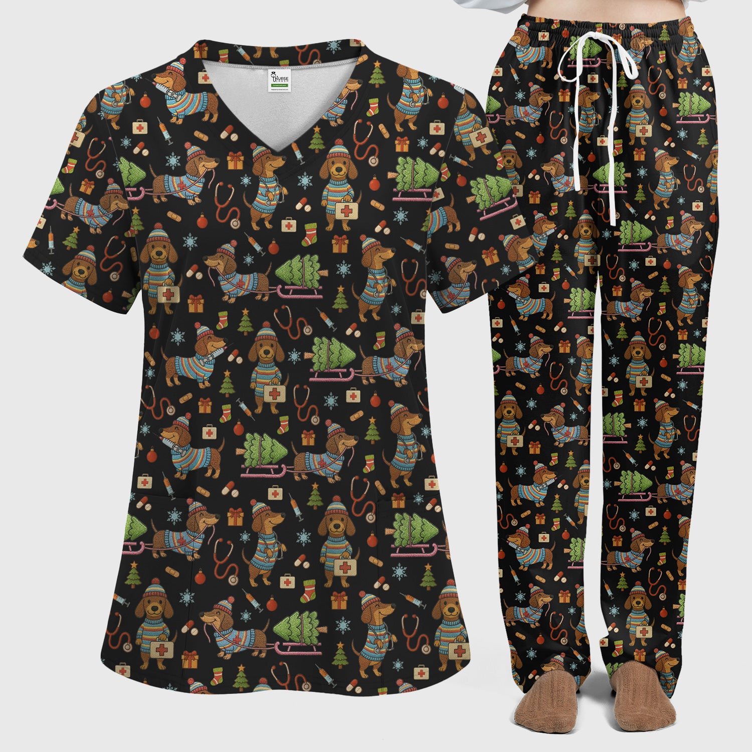 Dachshund Dog Scrub Set For Nurse, Funny Wiener Dog Lover Gift, Cute Dog 3D Knit Pattern Shirt