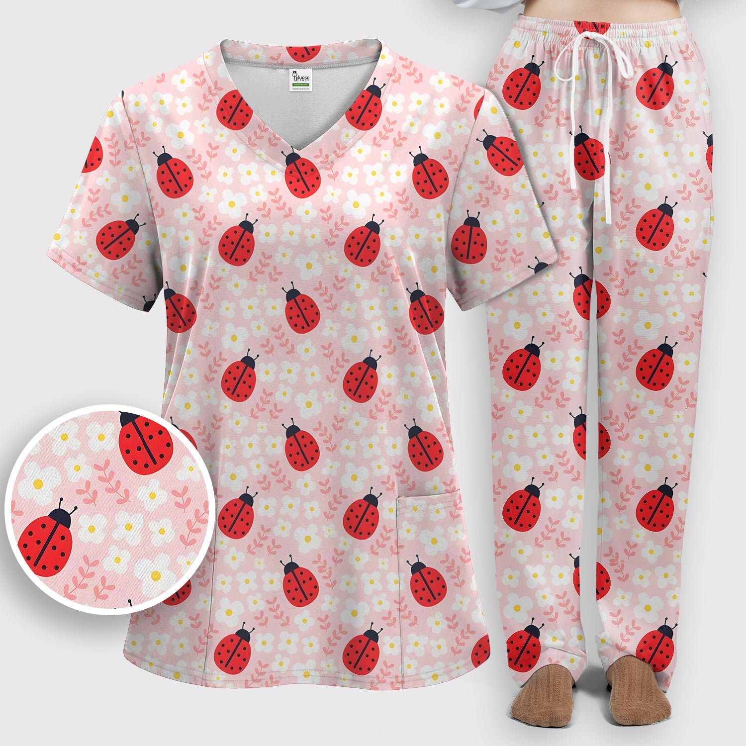 Cute Ladybug Blossom Print Scrub Set, Scrub Pants and V Neck Top