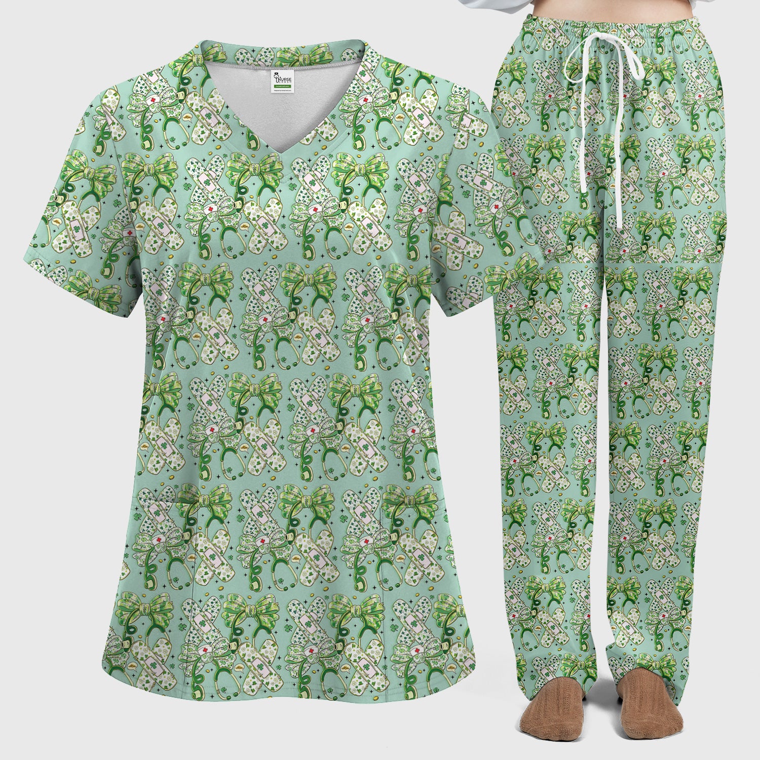 St Patrick Shamrock Stethoscope Bow Print Scrub Set, Breathable Med Uniform