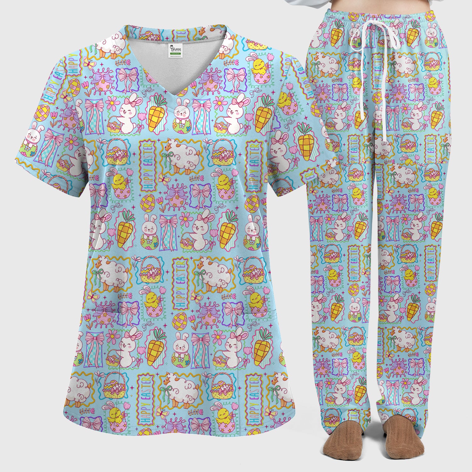 Cute Easter Bunny Egg and Bow Print Scrub Set, Scrub Pants and V Neck Top