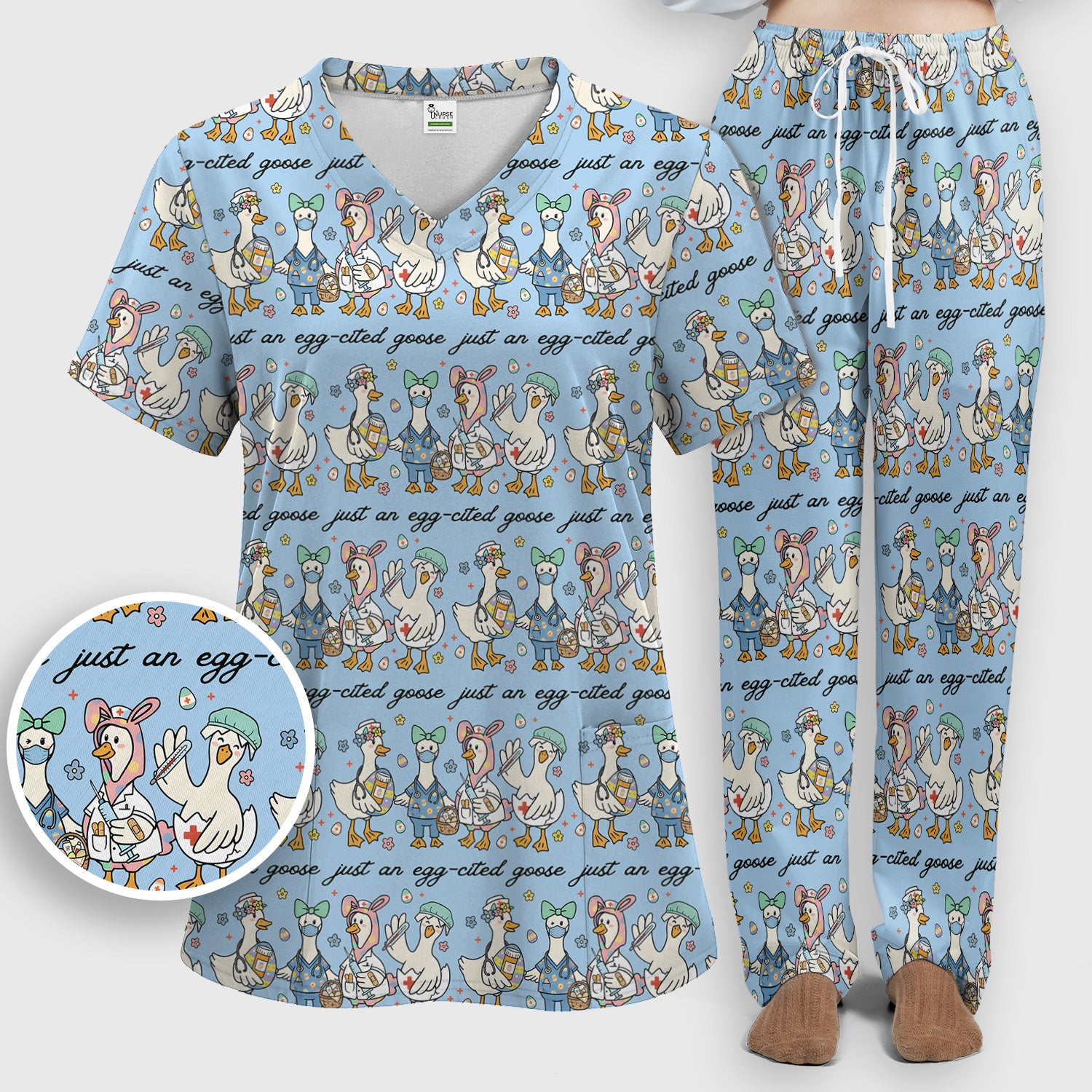 Funny Easter Nurse Goose Pattern Scrub Set, Scrub Pants and V Neck Top