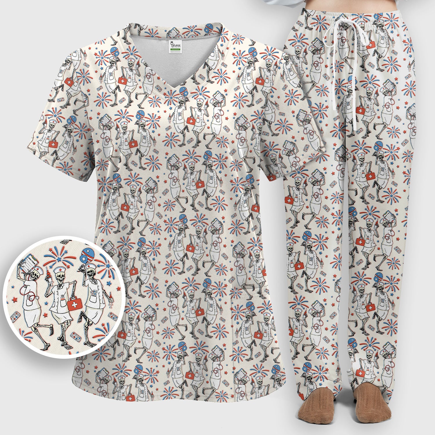 Funny Skeleton Nurse Patriotic Print Scrub Set, Scrub Pants and V Neck Top