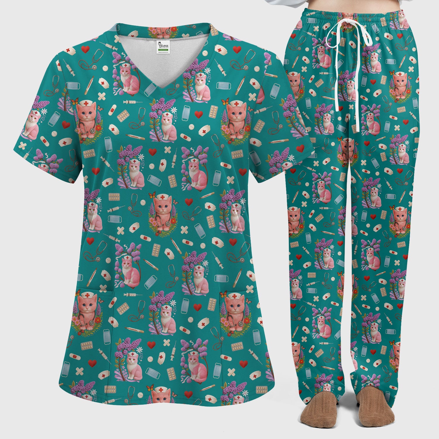 Cute Cat Pattern Nurse Scrub Set - Pink Medical Scrubs for Women - Adorable Kitty Print Gift for RN LPN CNA Healthcare Staff