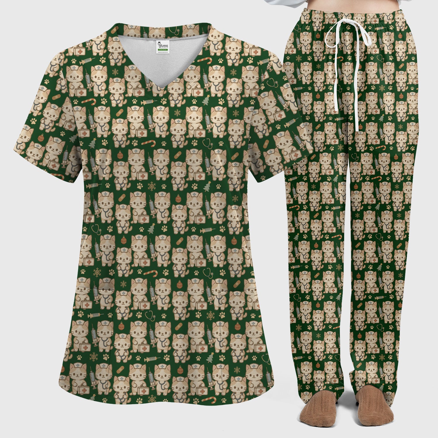 Cute Cat Nurse Christmas Scrub Set, Kawaii Kitty Medical Pattern Shirt, Breathable Fabrics Nursing Uniform