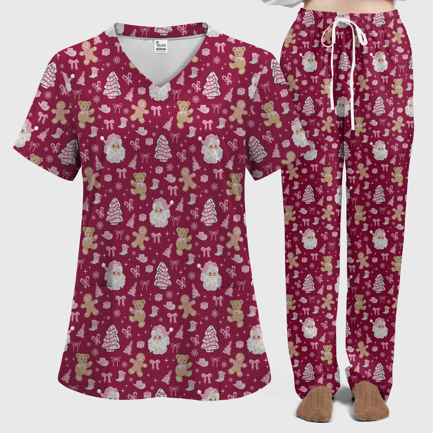 Pink Christmas Santa Gingerbread Scrub Set, Cute Holiday Medical Pattern Shirt, Breathable Fabrics Nursing Uniform