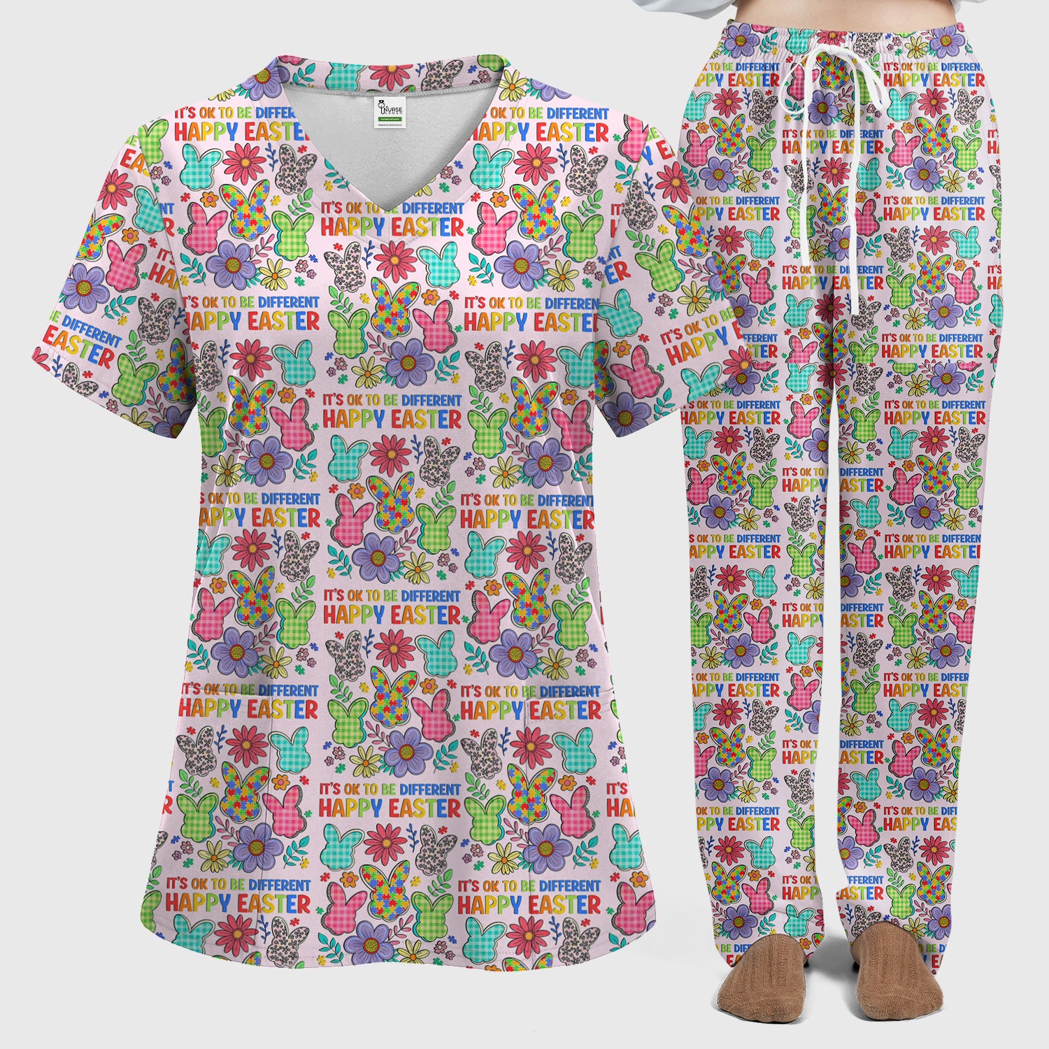 Happy Easter Bunny Floral Print Scrub Set, Breathable Med Uniform