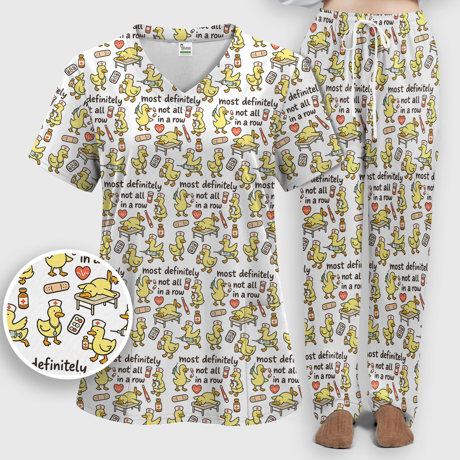 Funny Nurse Duck Medical Humor Pattern Scrub Set, Scrub Pants and V Neck Top