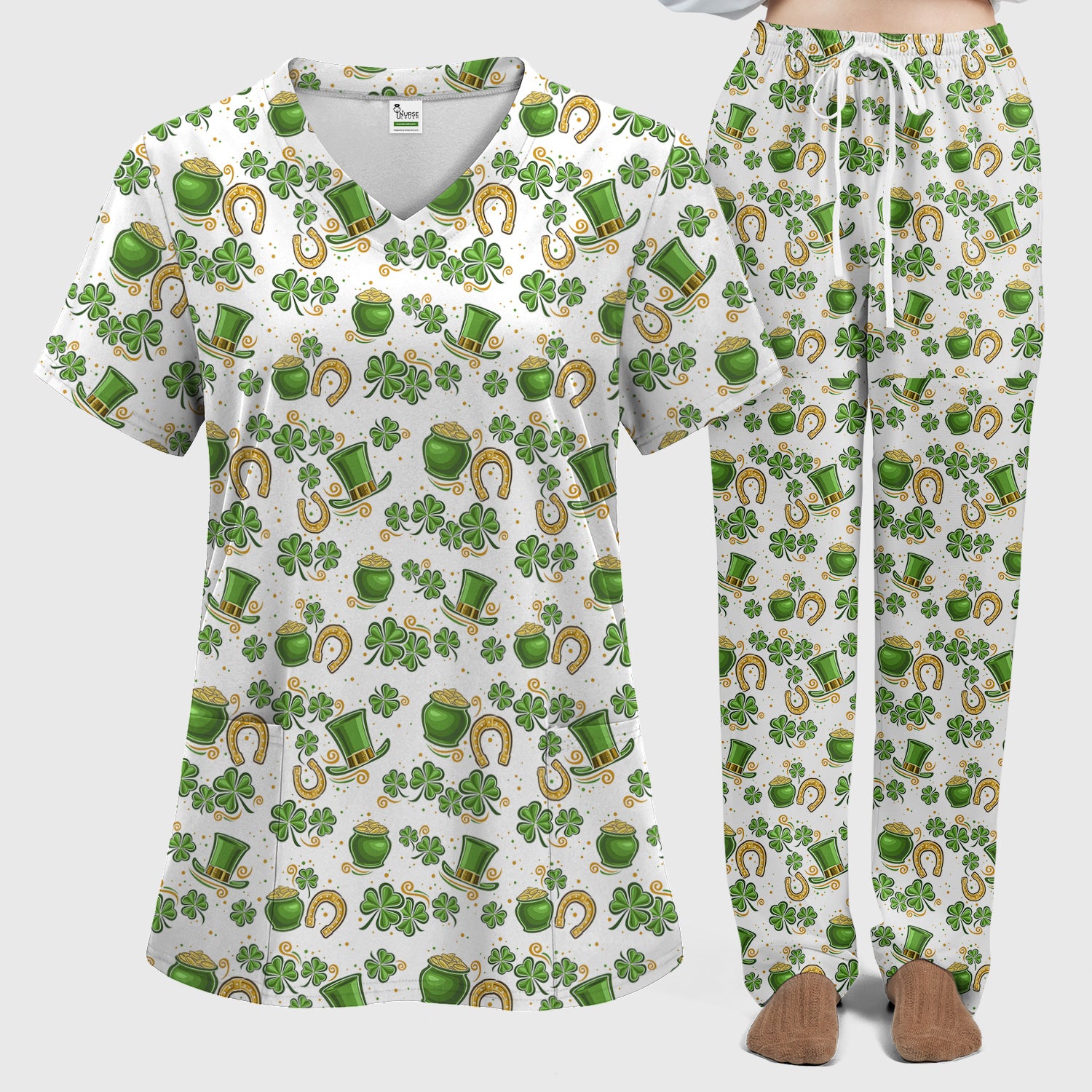 St. Patrick Shamrock Print Scrub Set, Scrub Pants and V Neck Top
