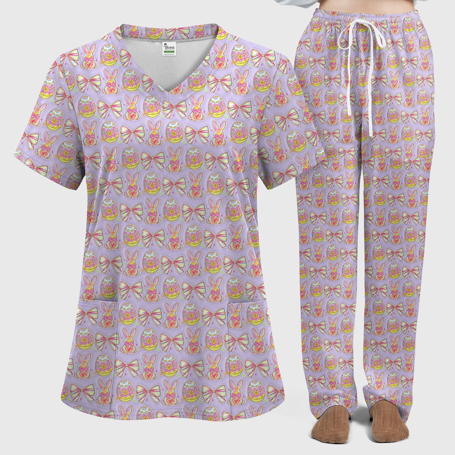 Easter Bunny Pastel Egg Bow Pattern Scrub Set, Breathable Med Uniform
