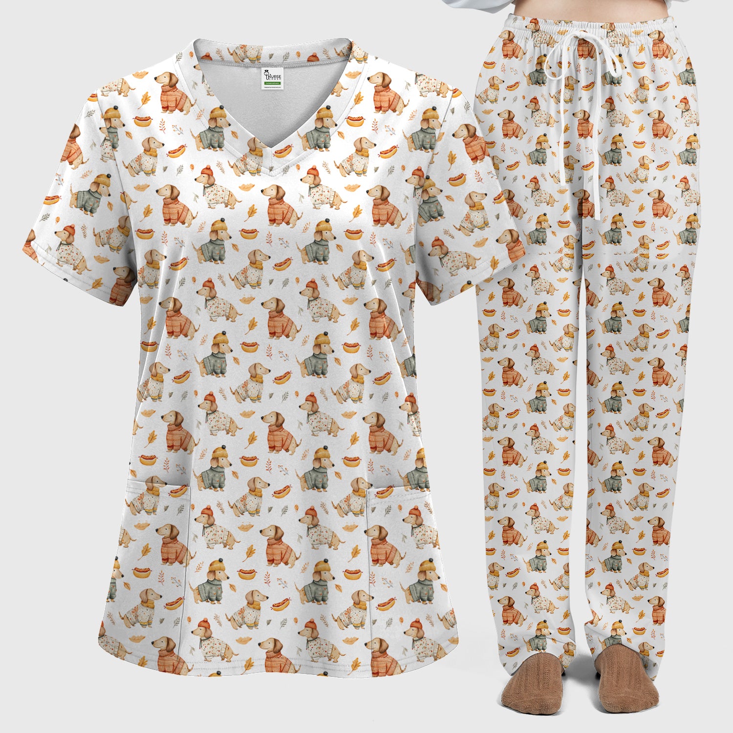 Autumn Dachshund Dog Sweater Print Scrub Set, Breathable Med Uniform