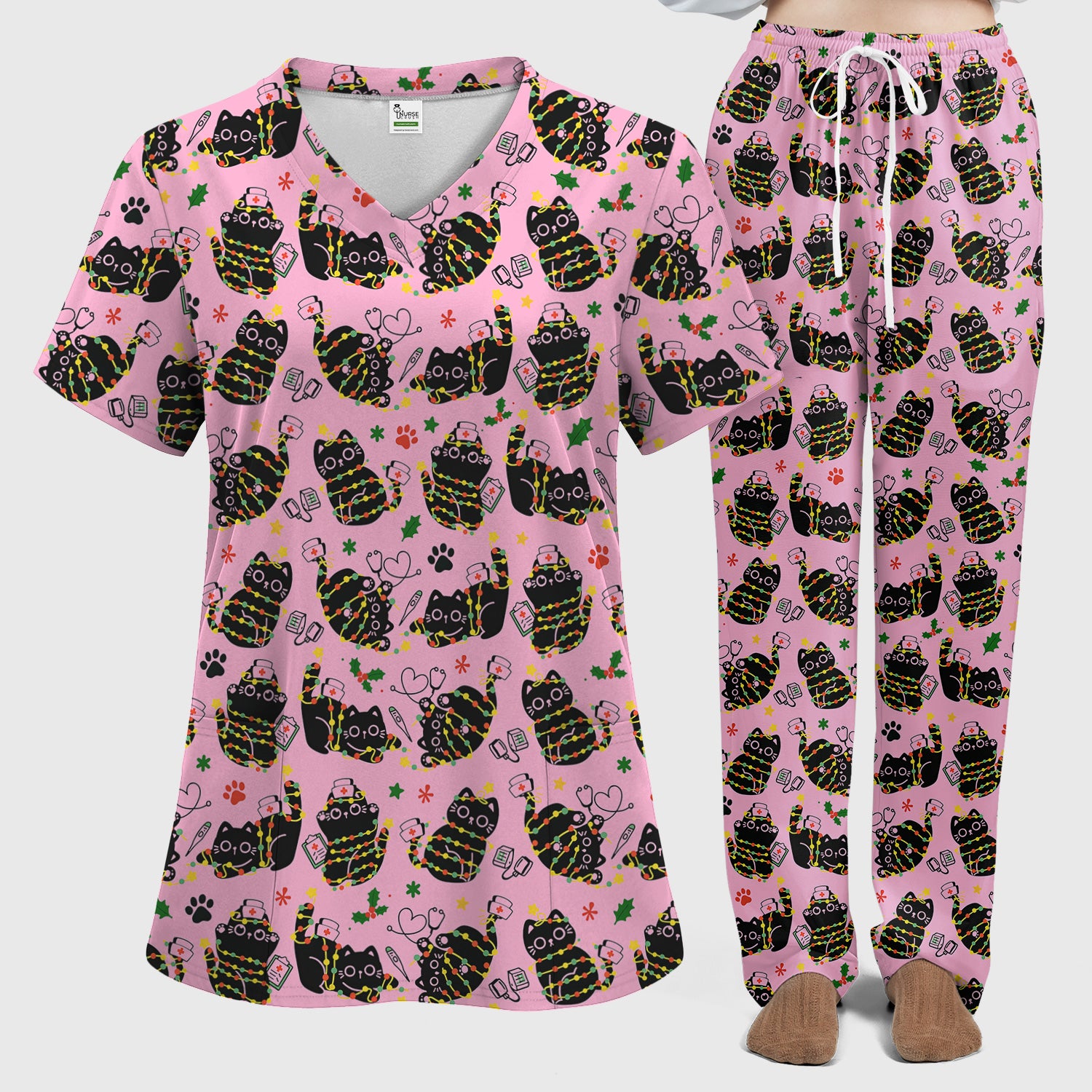 Black Cat Christmas Scrub Set – Nurse & Holiday Lights Pattern Shirt – Cute Medical Uniform For Nursing