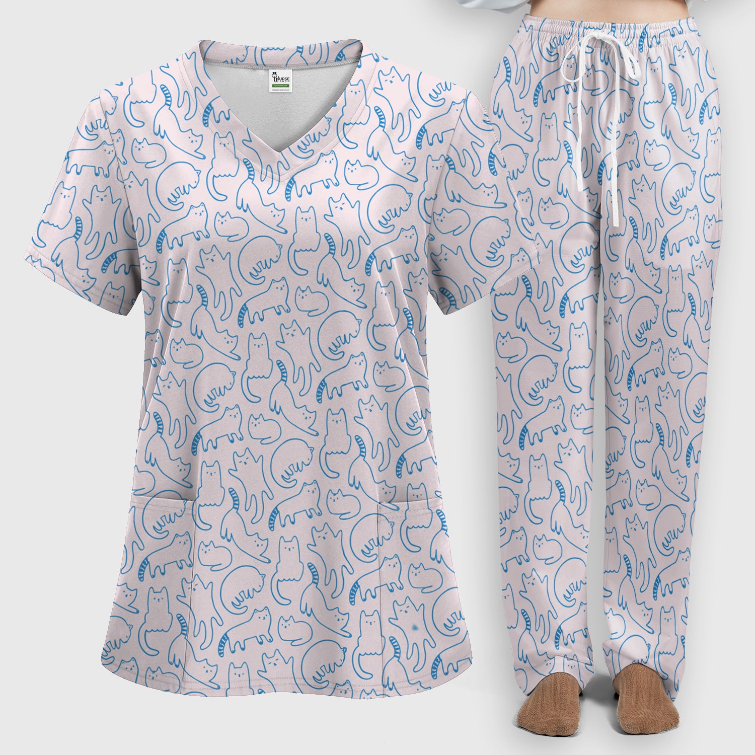 Artistic Cat Pattern Medical Scrub Set, Breathable Fabrics Nursing Uniform