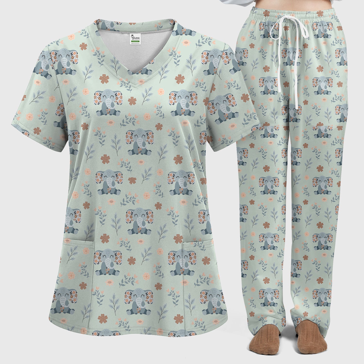 Cute Elephant Floral Print Scrub Set, Scrub Pants and V Neck Top