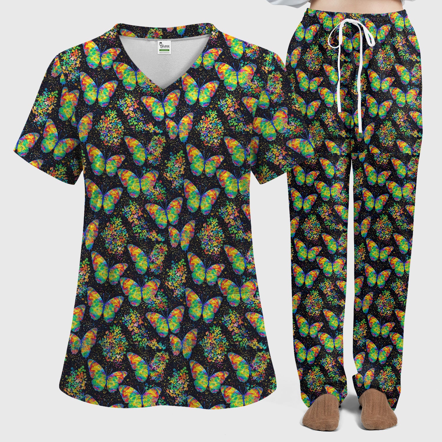 Rainbow Butterfly Galaxy Print Scrub Set, Scrub Pants and V Neck Top