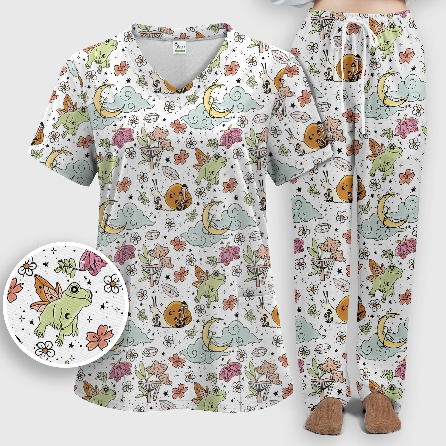 Whimsical Frog Moon Mushroom Pattern Scrub Set, Fantasy Nature Print, Breathable Med Uniform