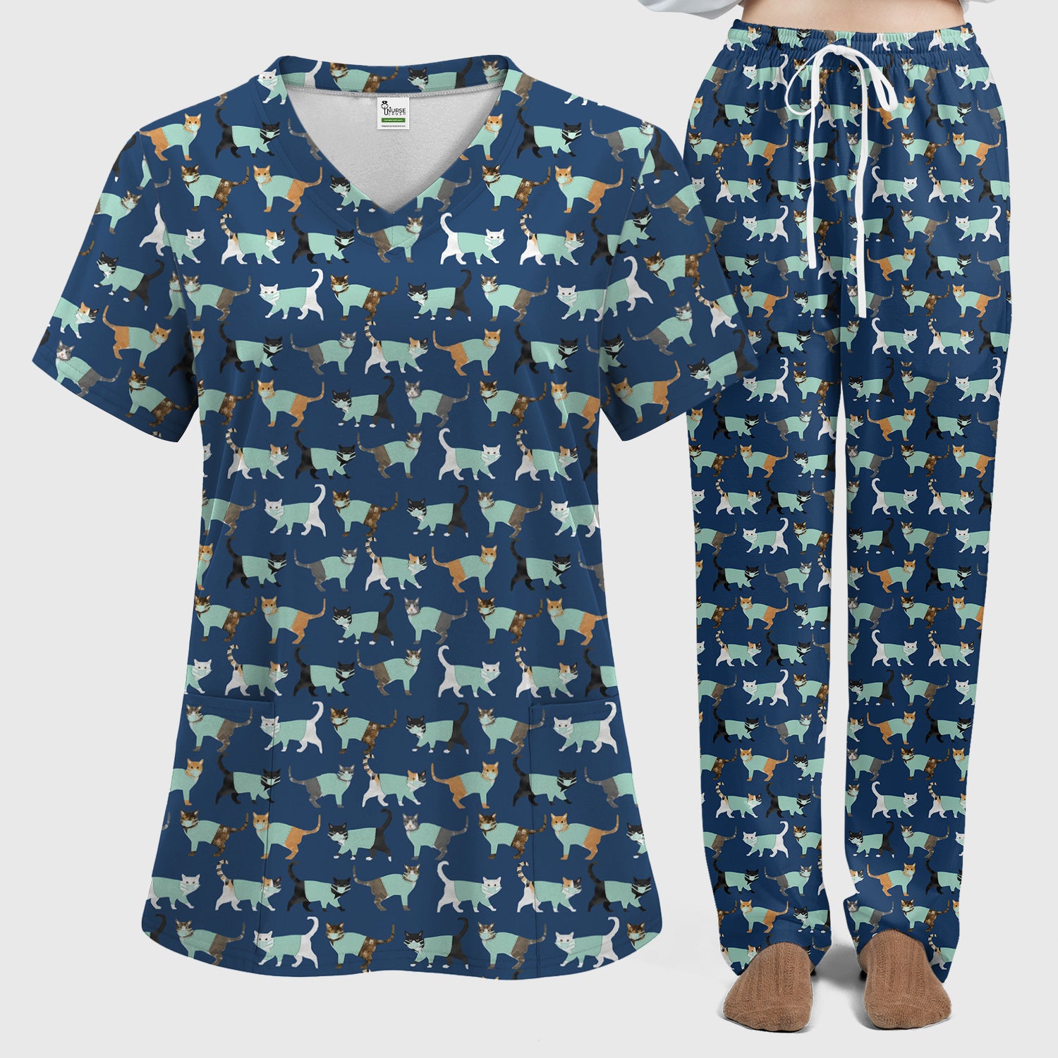 Playful Cat Nurse All Over Print Scrub Set, Scrub Pants and V Neck Top