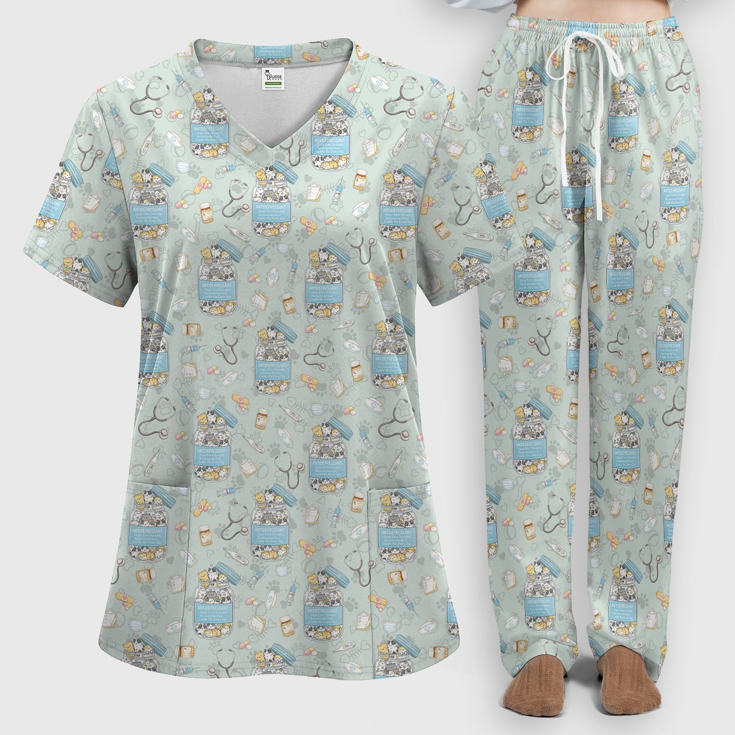 Cute Antidepressant Cat Jar Print Women's Scrub Set, Breathable Med Uniform
