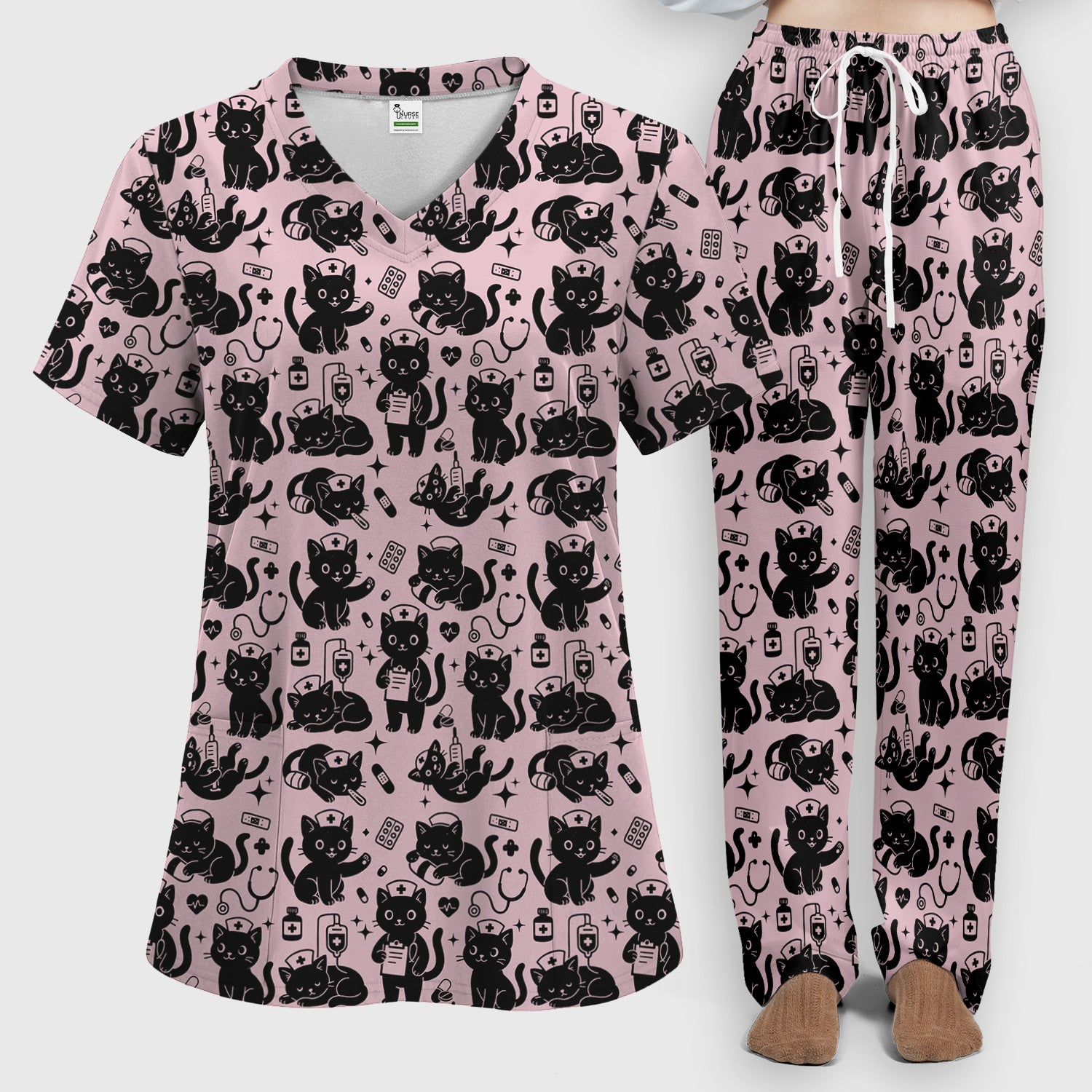 Cute Black Cat Nurse Pattern Scrub Set, Breathable Med Uniform