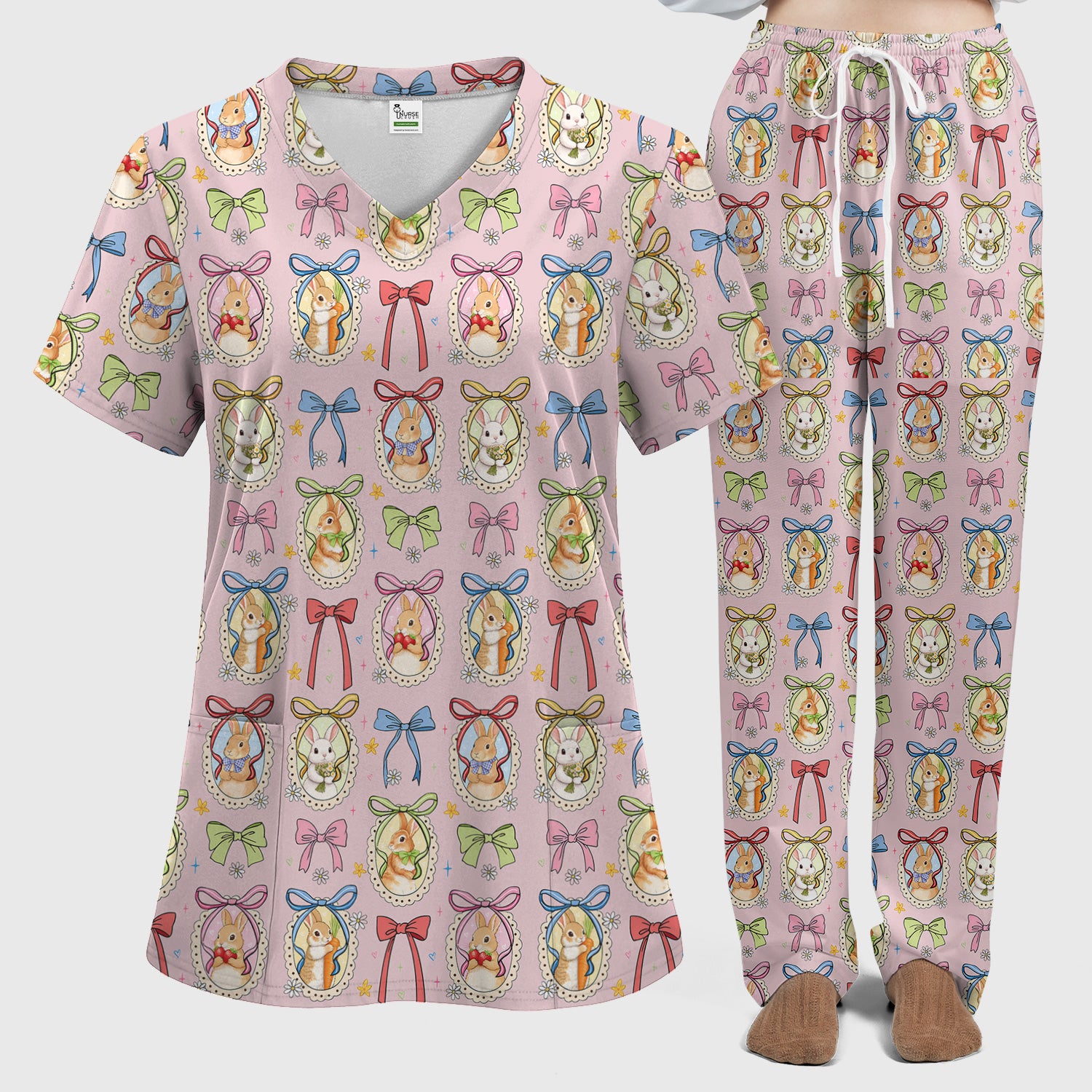 Cute Easter Bunny Cameo Colorful Bow Pattern Scrub Set, Breathable Med Uniform