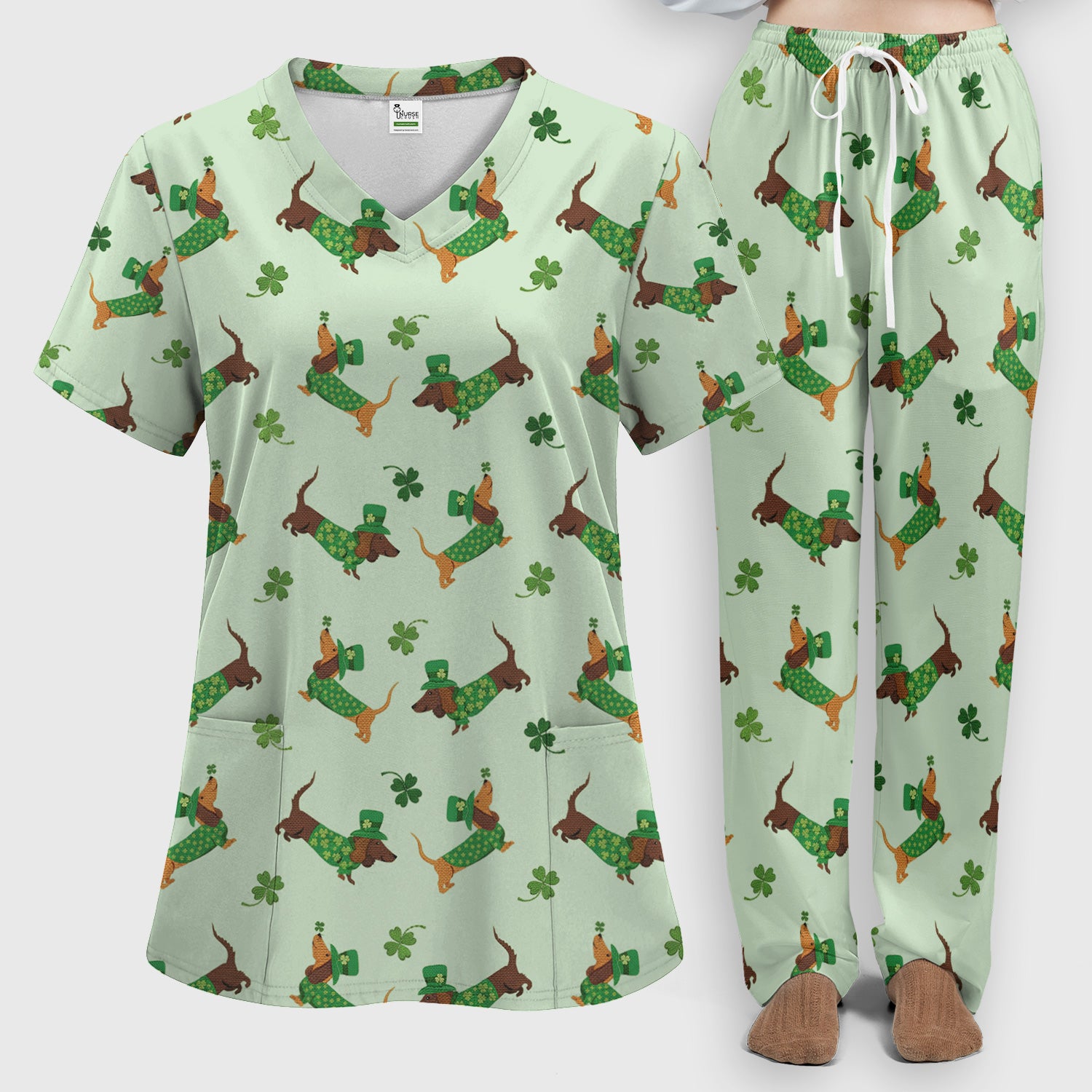 St. Patrick’s Day Dachshund Scrub Set, Funny Wiener Dog Nurse Shirt, Breathable Fabrics Nursing Uniform