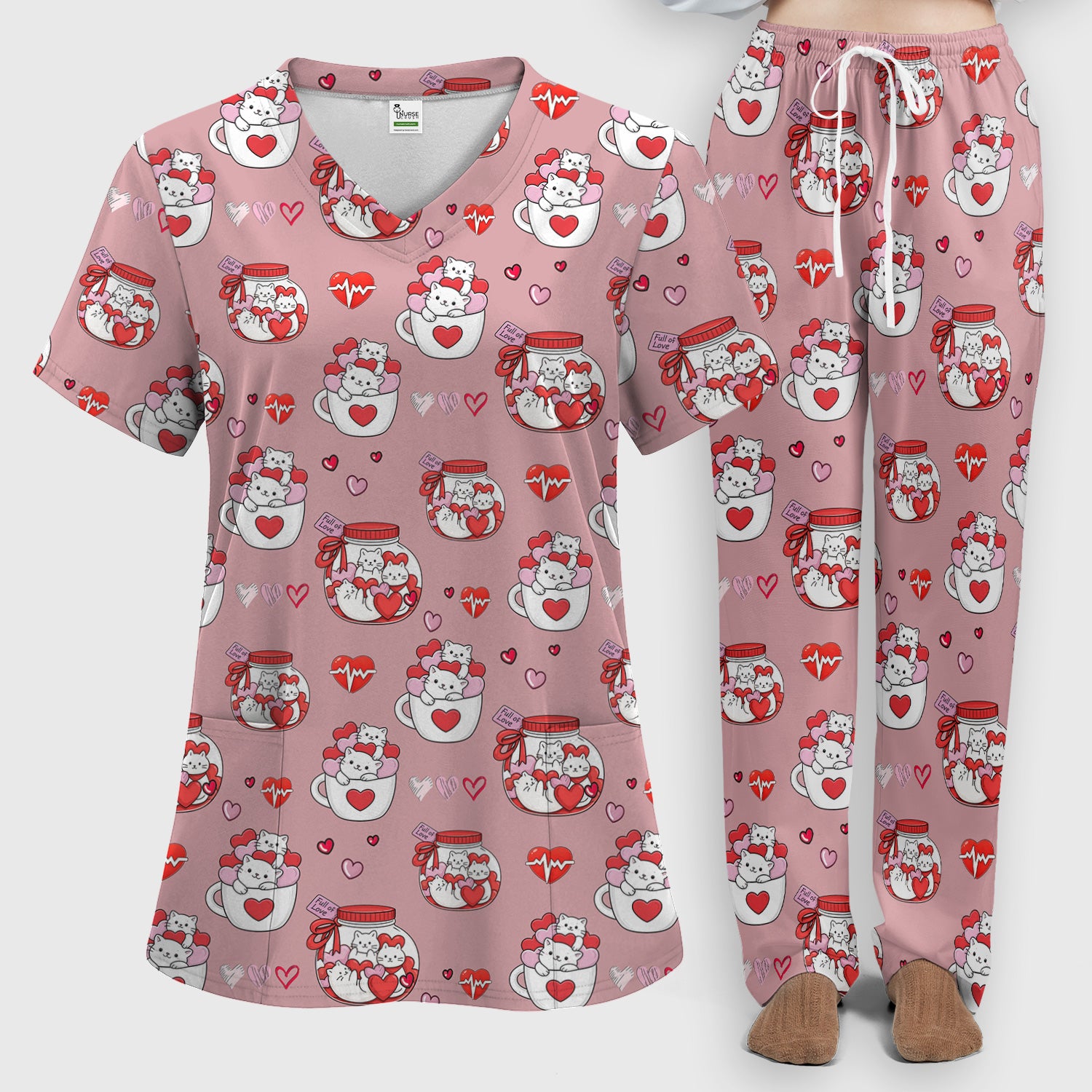 Cute Cat Valentine Nurse Scrub Set, Women's Scrub Sets Breathable Uniform