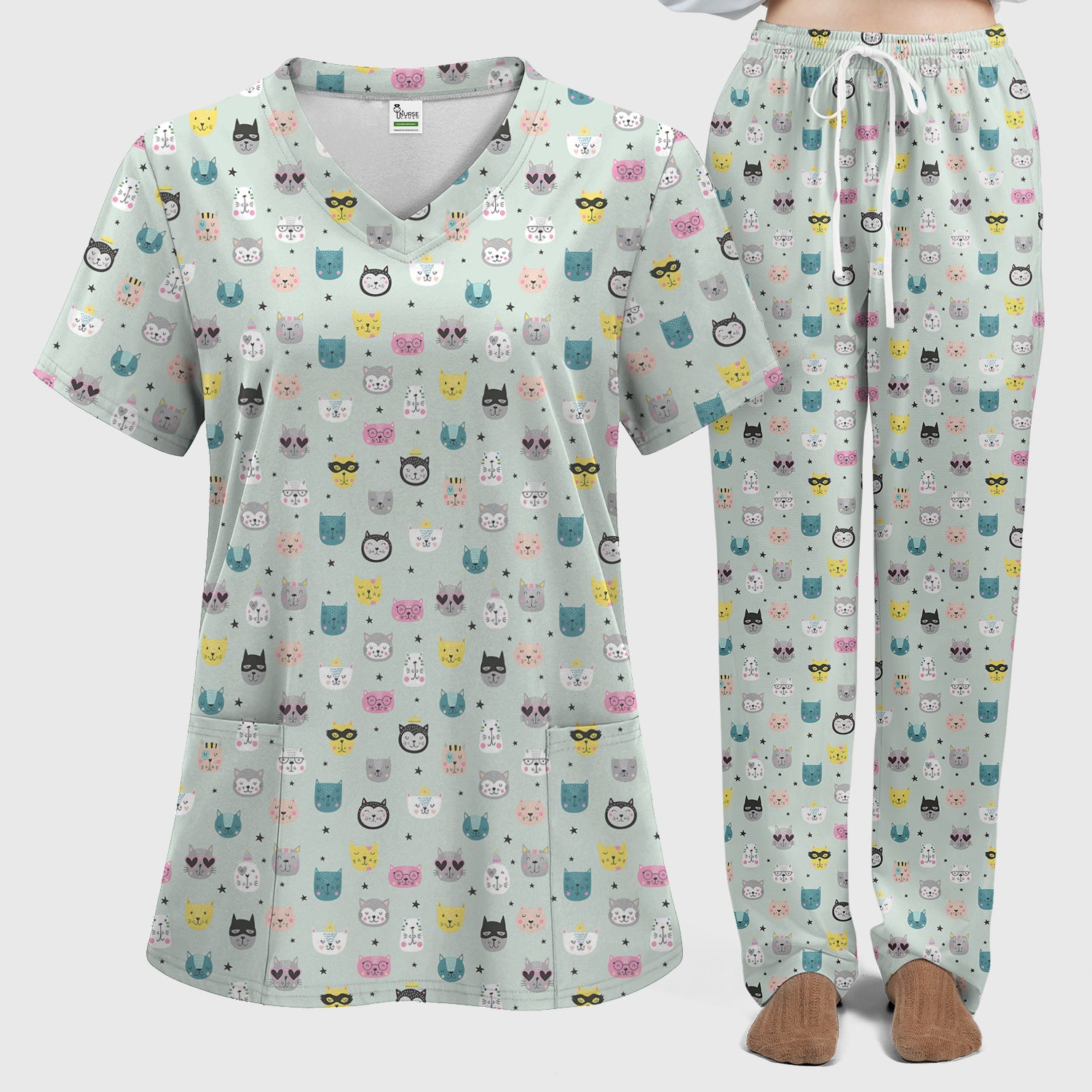 Cute Colorful Cat Pattern Women's Scrub Sets, Breathable Med Uniform