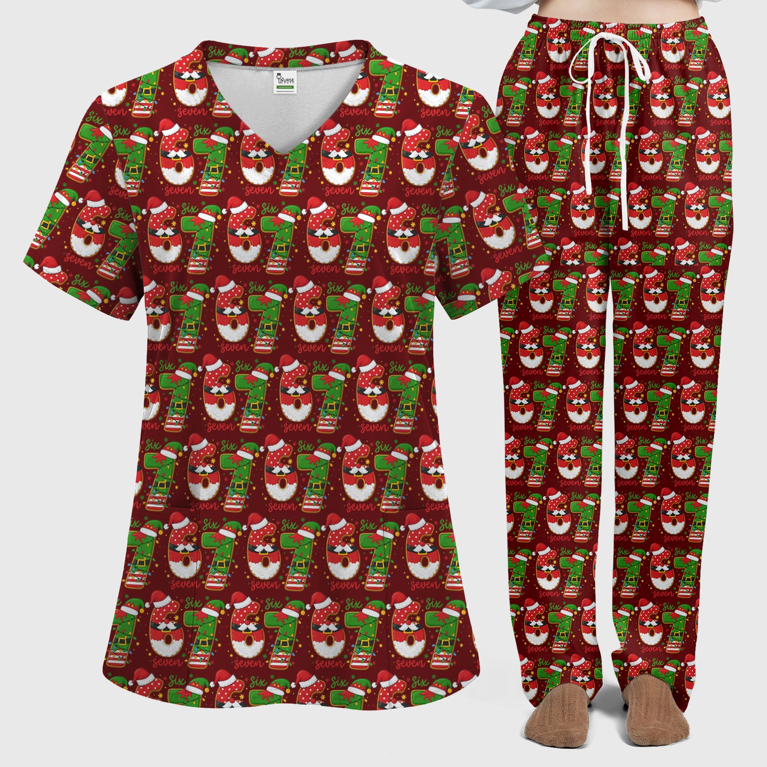 Christmas 67 Pattern Scrub Top, Festive Holiday Medical Uniform Shirt For Nursing